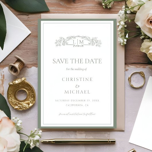 Save The Date Mariage de monogramme de la crête botanique verte