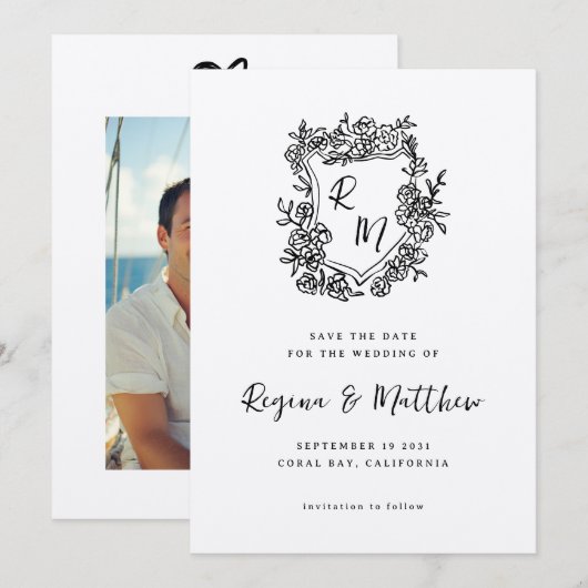 Save The Date Mariage de monogramme de poitrine florale noire de (Devant / Derrière)