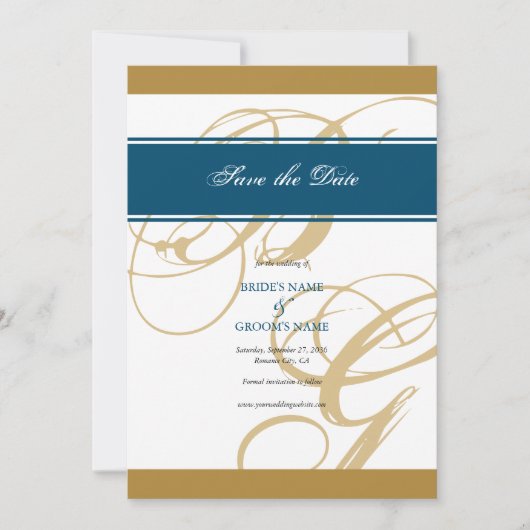 Save The Date Mariage de monogramme or Blue Elegant (Devant)