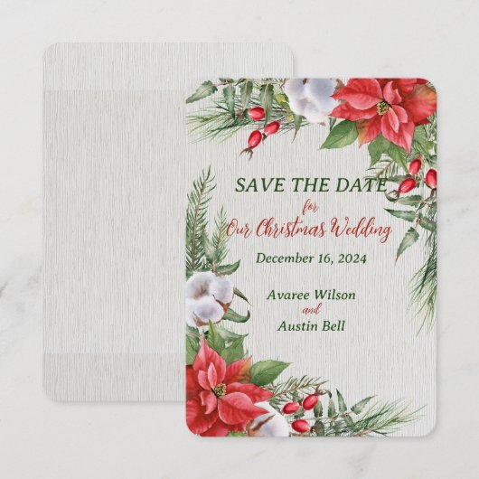 Save The Date Mariage de Noël Poinsettia Rouge Feuilles Vertes (Devant / Derrière)