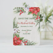 Save The Date Mariage de Noël Poinsettia Rouge Feuilles Vertes (Debout devant)