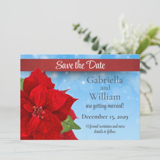 Save The Date Mariage de Noël Rouge Poinsettia (Debout devant)