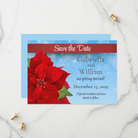 Save The Date Mariage de Noël Rouge Poinsettia (Devant/Arrière en situation)