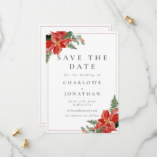 Save The Date Mariage de Noël Rouge Poinsettia Hiver Rustique