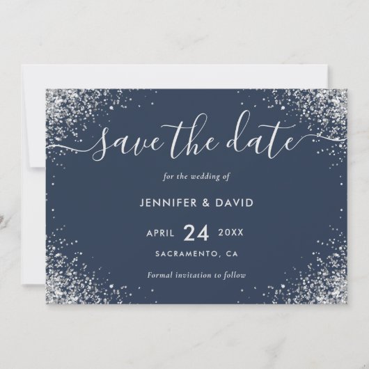 Save The Date Mariage de Parties scintillant de luxe bleu marine (Devant)