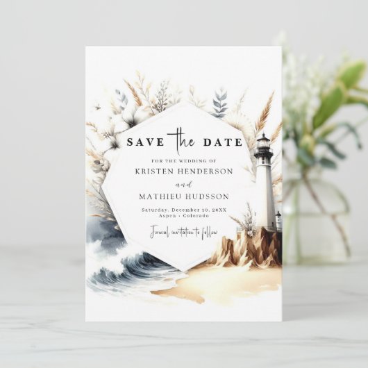 Save The Date Mariage de phare des vagues rustiques (Debout devant)