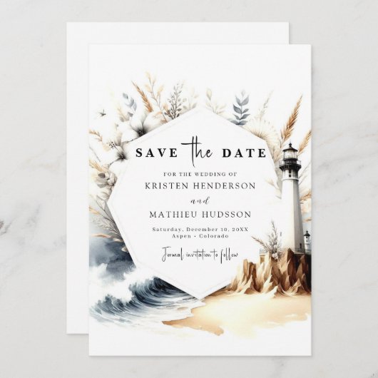 Save The Date Mariage de phare des vagues rustiques (Devant / Derrière)