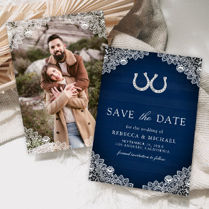Save The Date Mariage de photo de fer à cheval en bois bleu mari