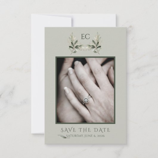 Save The Date Mariage de photo de monogramme de branche d'olive (Devant)