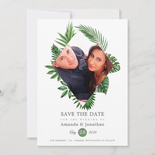 Save The Date Mariage de photo de plage aux feuilles tropicales (Devant)