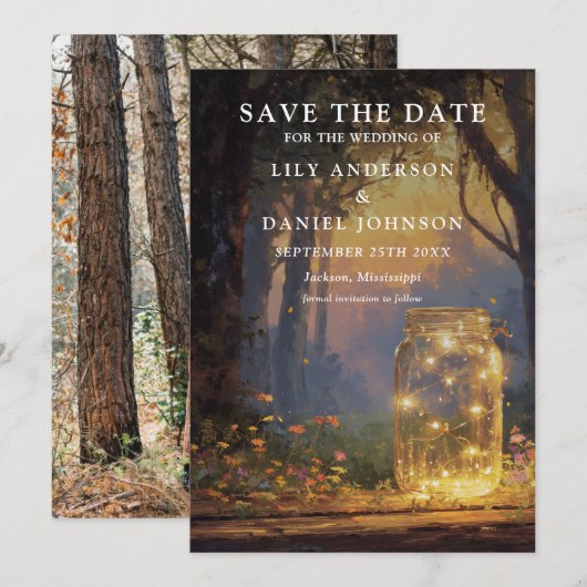 Save The Date Mariage de photo de pot Mason de forêt enchantée r (Devant / Derrière)