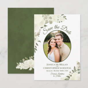 Save The Date Mariage de photo florale ovale aquarelle blanc ivo