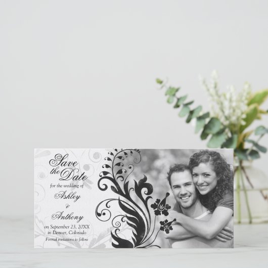 Save The Date Mariage de photos florales noires et blanches Enre (Debout devant)