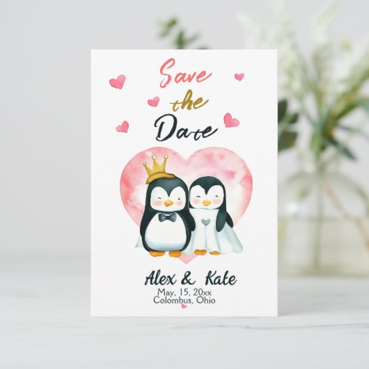 Save The Date Mariage de pingouin mignon Économisez la date (Debout devant)