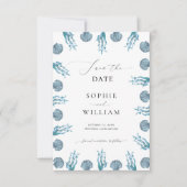 Save The Date Mariage de plage avec cadre coquillage bleu nautiq (Devant)