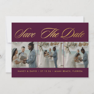 Save The Date Mariage de plage avec collage photo bordeaux et or