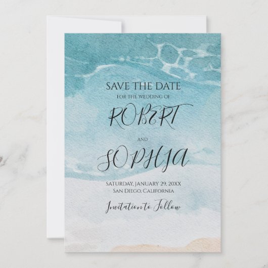 Save The Date Mariage de plage bleu estival (Devant)