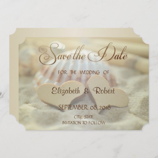 Save The Date Mariage De Plage, Coquillage, Coeurs De Bois Écono (Devant / Derrière)