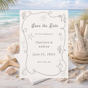 Save The Date Mariage de plage côtière dessinée à la main en ivo