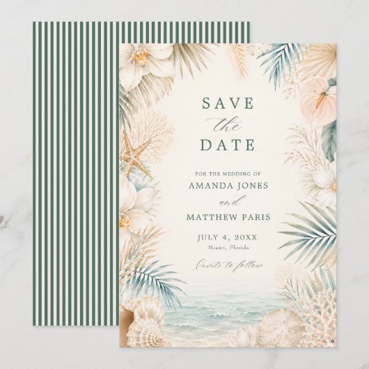Save The Date Mariage de plage élégant à rayures côtières (Devant / Derrière)