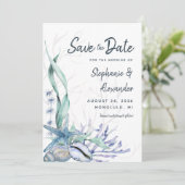 Save The Date Mariage de plage moderne aquarelle bleu (Debout devant)