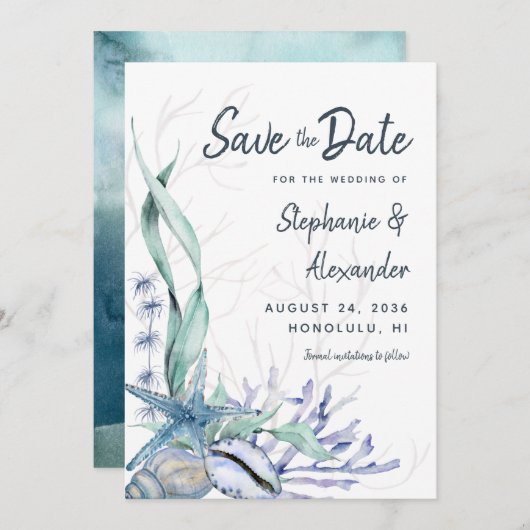 Save The Date Mariage de plage moderne aquarelle bleu (Devant / Derrière)