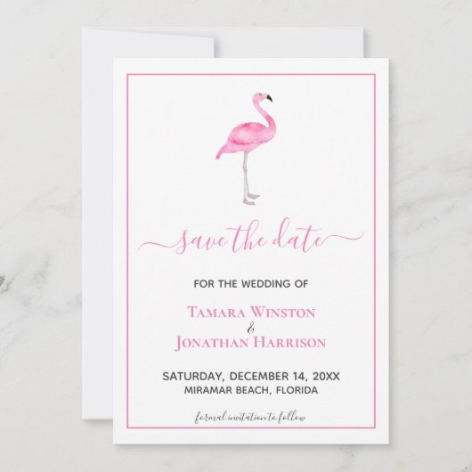 Save The Date Mariage de plage moderne au flamant rose tropical (Devant)