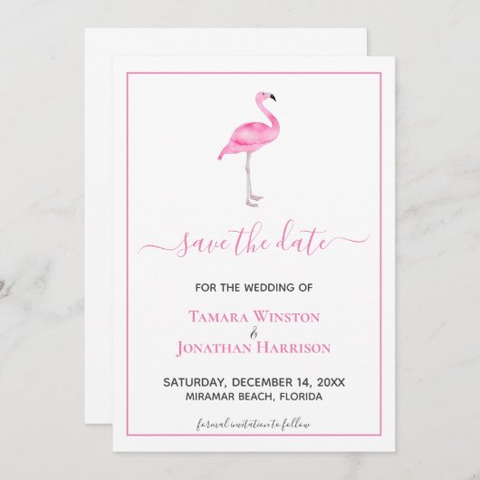 Save The Date Mariage de plage moderne au flamant rose tropical (Devant / Derrière)