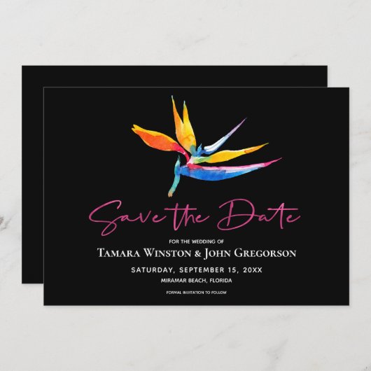 Save The Date Mariage de plage moderne Dark Tropical Bird Paradi (Devant / Derrière)