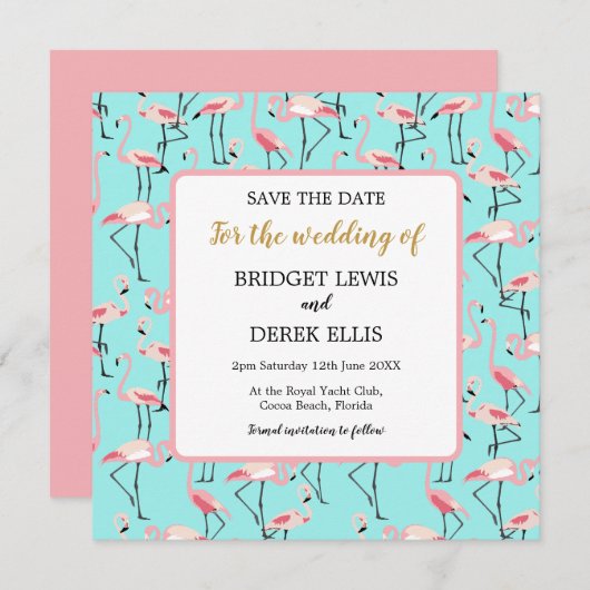 Save The Date Mariage de plage moderne Flamant rose bleu rose (Devant / Derrière)