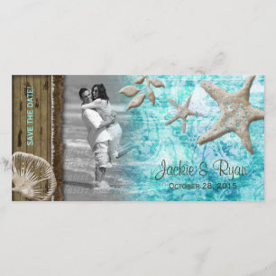 Save The Date Mariage de plage Photocard Coquillage bleu Bois