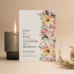 Save The Date Mariage de printemps floral aquarelle rose et jaun
