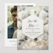 Save The Date Mariage de roses blanches à fleurs chics (Devant / Derrière)