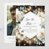 Save The Date Mariage de roses blanches à lumière minimale (Devant / Derrière)