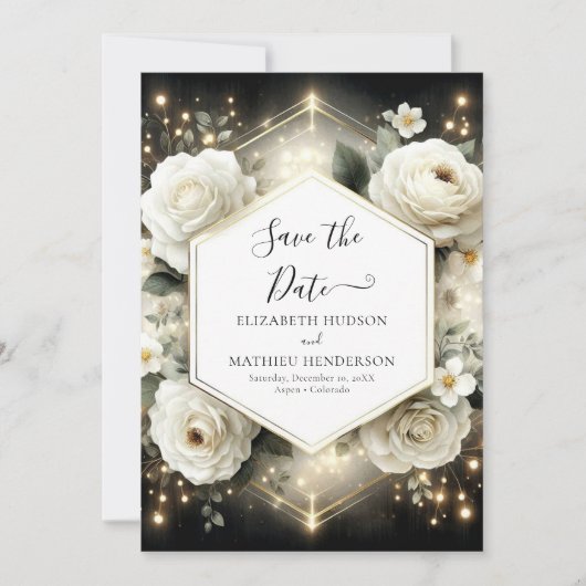 Save The Date Mariage de Roses Blanches Botaniques Modernes (Devant)