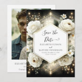 Save The Date Mariage de Roses Blanches Botaniques Modernes (Devant / Derrière)