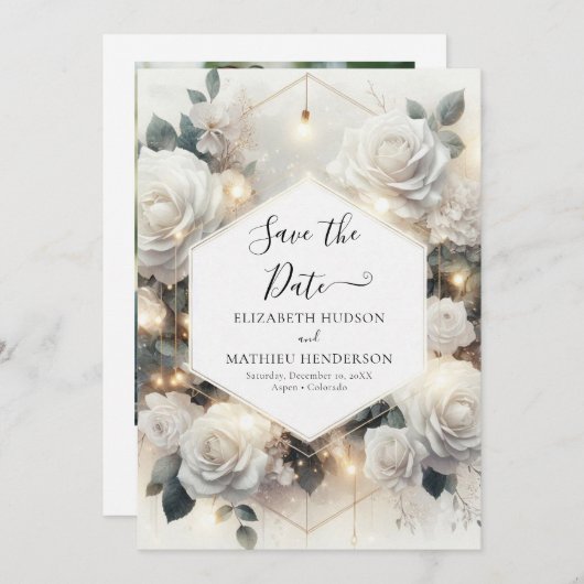 Save The Date Mariage de Roses blanches magiques chic (Devant / Derrière)
