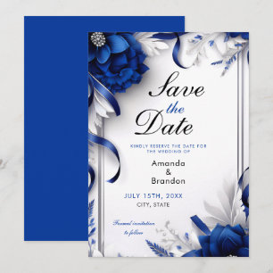 Save The Date Mariage de rubans bleu et argent de la marine chic
