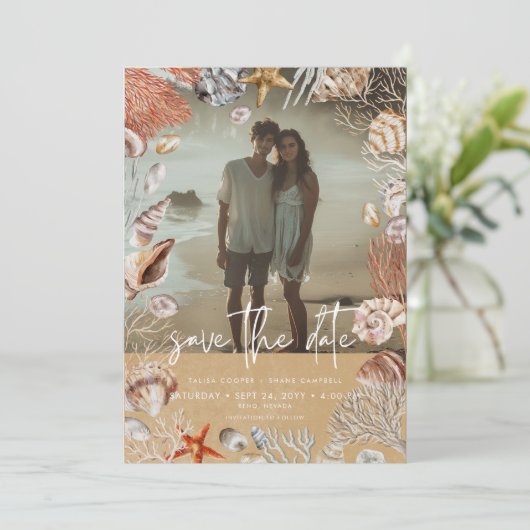 Save The Date Mariage de sable de plage moderne (Debout devant)