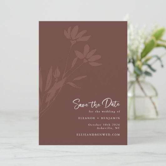 Save The Date Mariage de script botanique minimal en terre cuite (Debout devant)