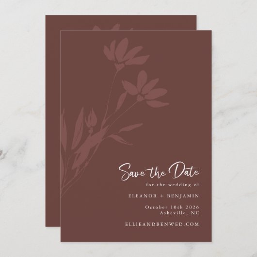 Save The Date Mariage de script botanique minimal en terre cuite (Devant / Derrière)