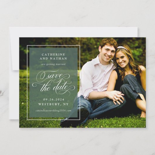 Save The Date Mariage de script classique blanc et vert élégant (Devant)
