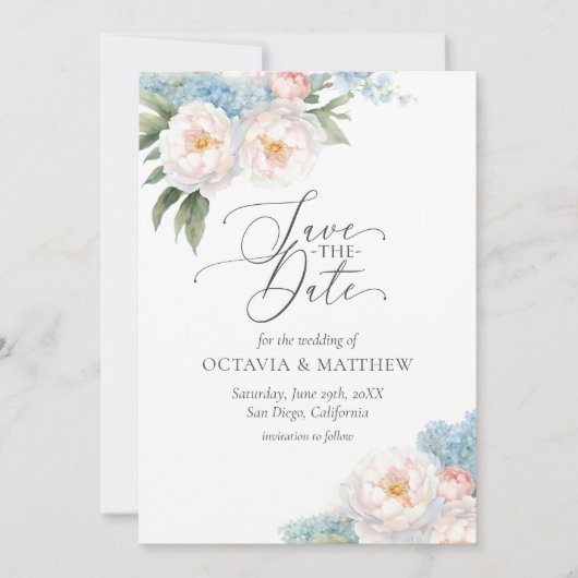 Save The Date Mariage de script de fleurs bleu et rose doux (Devant)