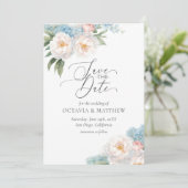 Save The Date Mariage de script de fleurs bleu et rose doux (Debout devant)