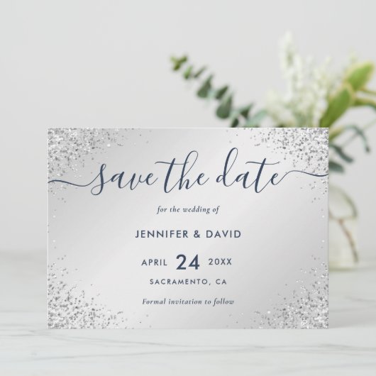 Save The Date Mariage de script de Parties scintillant bleu mari (Debout devant)