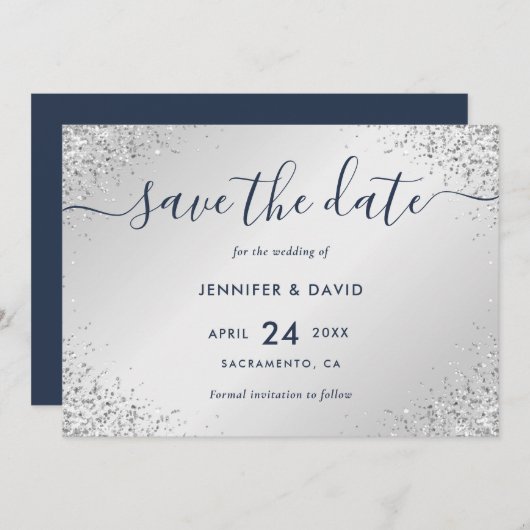 Save The Date Mariage de script de Parties scintillant bleu mari (Devant / Derrière)