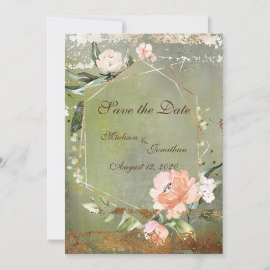 Save The Date Mariage de script d'or floral vert rustique (Devant)