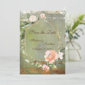 Save The Date Mariage de script d'or floral vert rustique (Debout devant)