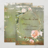 Save The Date Mariage de script d'or floral vert rustique (Devant / Derrière)