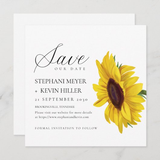 Save The Date Mariage de script élégant de tournesol simple (Devant / Derrière)